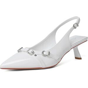Mostrin Kitten Heel White Mesh Low Slingback Heels with Buckle Dress Shoes